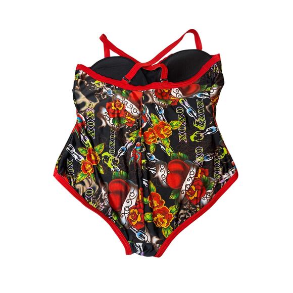 XOXO Retro Tattoo Sparrow Print Plus Size Adjustable One Piece Swim Suit 3X - Picture 2 of 7
